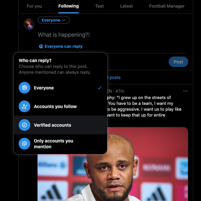 TweetDeleteのスクリーンショットは、ユーザーのツイートに返信できる人をコントロールするTwitterの設定。