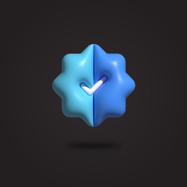Un rendering 3D del segno di spunta blu di Twitter su sfondo nero.
