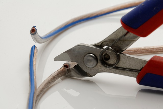 Een tang knipt twee transparante kabels met koperdraden door.