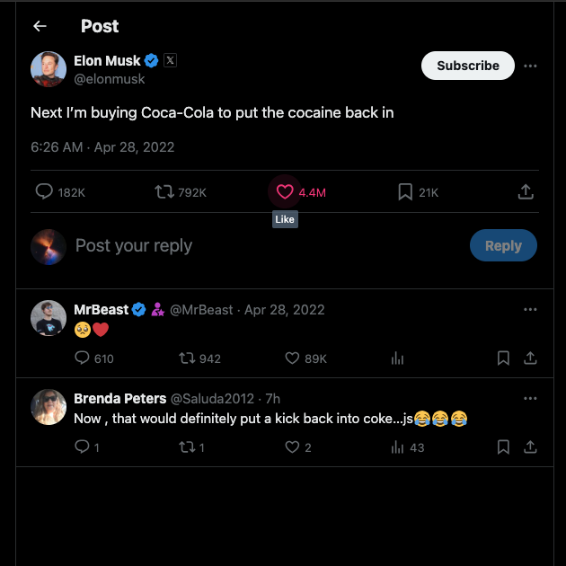 TweetDelete's screenshot van Elon Musk's tweet over het kopen van Coca-Cola.