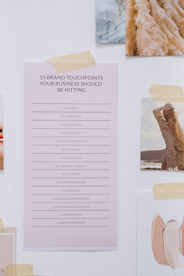 A 15-point checklist on a wall next to several photos.