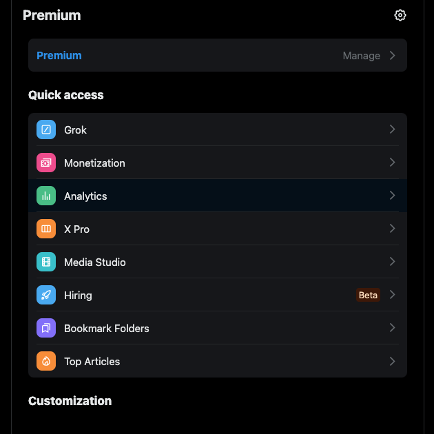 Capture d'écran de TweetDelete de la page des paramètres X Premium pour accéder à Twitter Analytics.