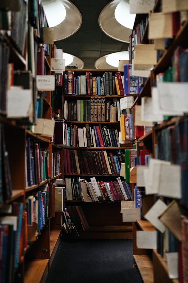 Várias prateleiras de madeira cheias de livros.