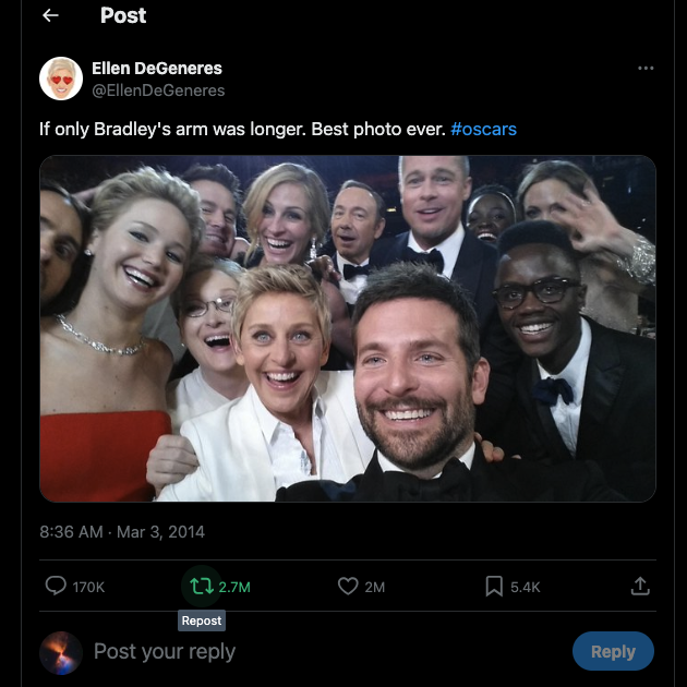 Captura de pantalla de TweetDelete del icónico tuit de Ellen DeGeneres en los Oscars de 2014.