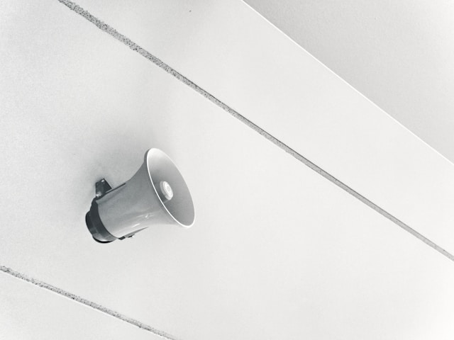 A close-up of a megaphone on a wall.