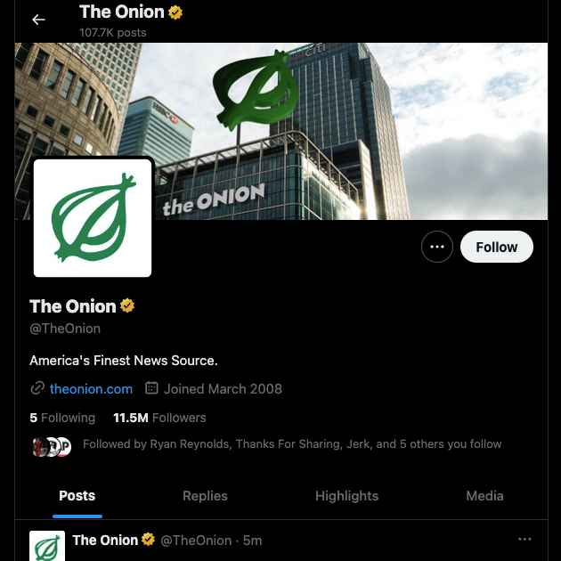 لقطة شاشة TweetDelete لصفحة الملف الشخصي لـ The Onion على تويتر.