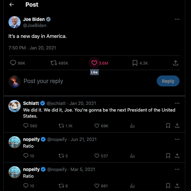 Captura de pantalla de TweetDelete del primer tuit de Joe Biden como Presidente de Estados Unidos.