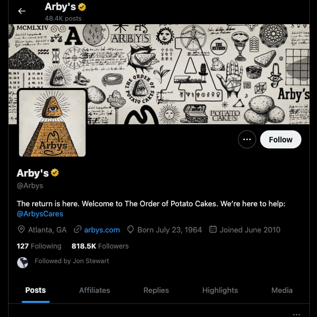 TweetDelete's screenshot van Arby's Twitter profielpagina.