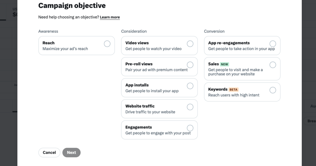 Schermata di TweetDelete dell'interfaccia di X Ads Manager per selezionare l'obiettivo di una campagna di marketing.