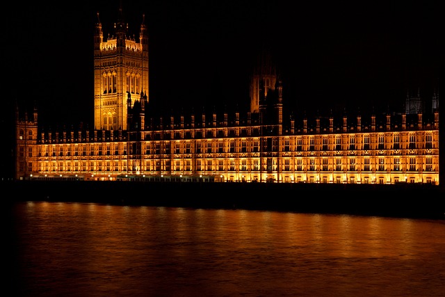 O Palácio de Westminster à noite.