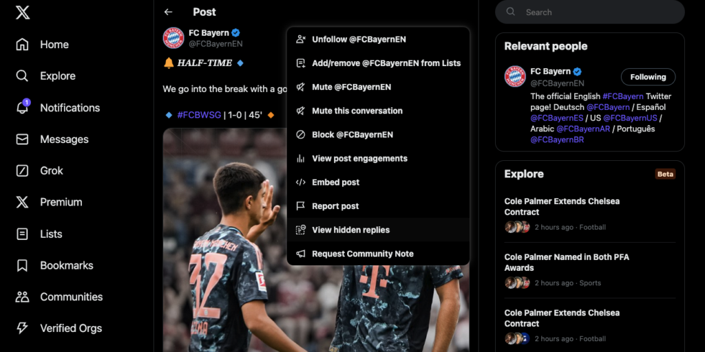 Capture d'écran de TweetDelete du paramètre de réponses cachées de Twitter dans le menu déroulant d'un message.