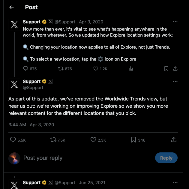 TweetDeleteのスクリーンショットは、Exploreページから世界的なトレンドが削除されたことに関するTwitterサポートからのツイート。