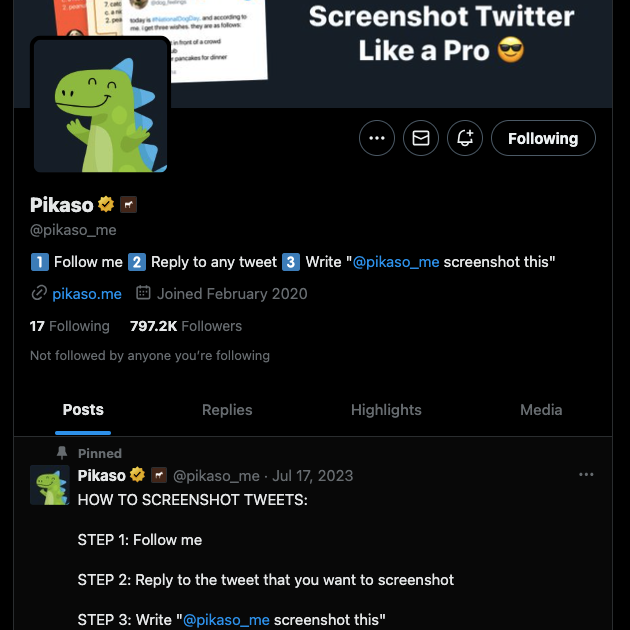 TweetDelete's screenshot van Pikaso, een screen grab bot op Twitter.