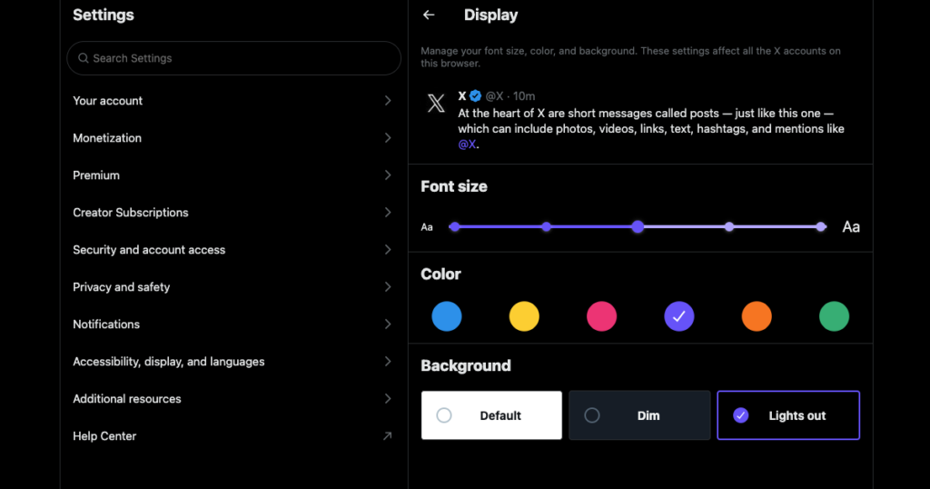 Schermata di TweetDelete della pagina delle impostazioni di Twitter per personalizzare il colore dei caratteri.