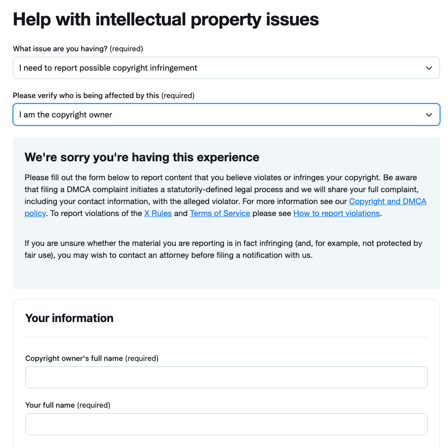TweetDelete's screenshot van Twitter's formulier om schending van auteursrecht te melden.