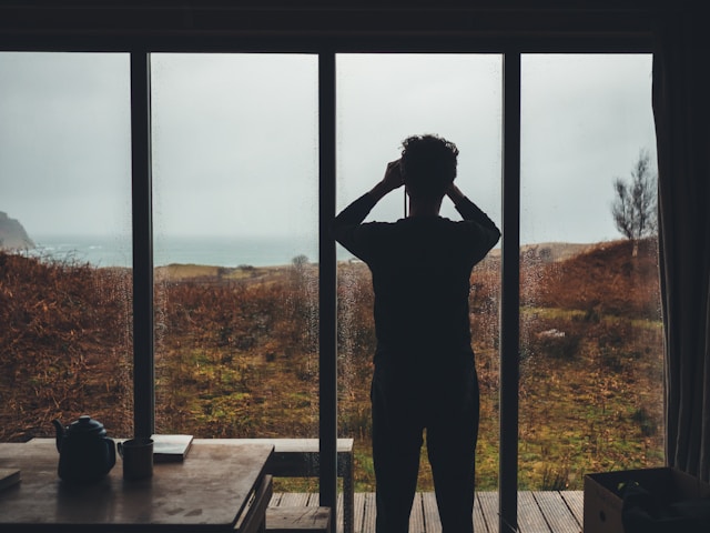 Eine Person steht an einem Fenster und schaut in die Ferne.