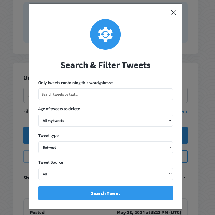 TweetDelete's screenshot van de interface van de tool om retweets van Twitter te vinden en te verwijderen.