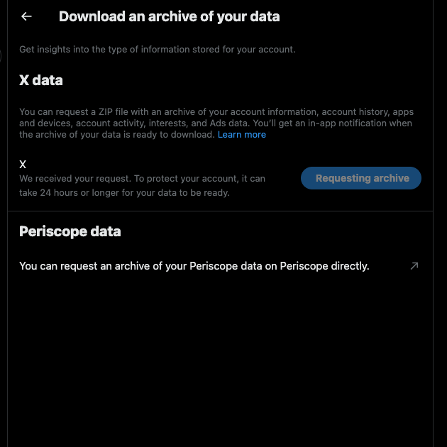 Tangkapan layar TweetDelete dari halaman pengaturan Twitter untuk mengunduh file X Data pengguna.