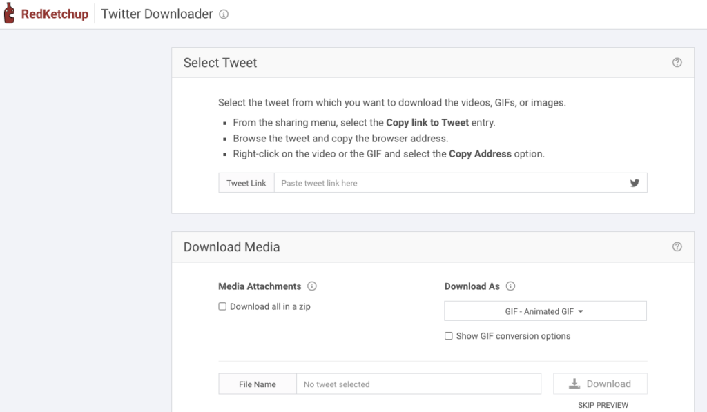 Schermata di TweetDelete dell'interfaccia dello strumento Twitter Downloader di redketchup.io.