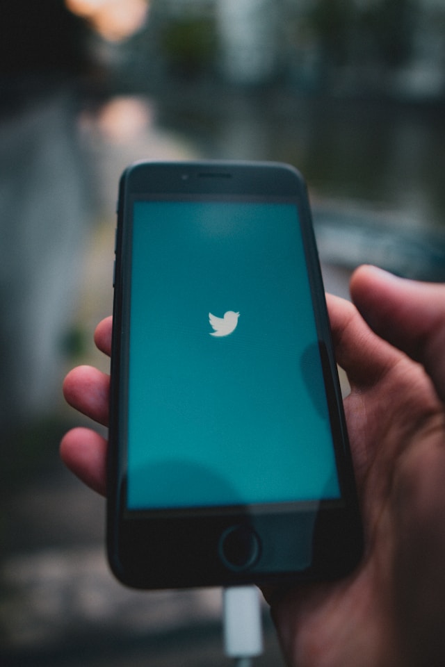 Een persoon houdt een smartphone vast met het Twitter-logo erop.