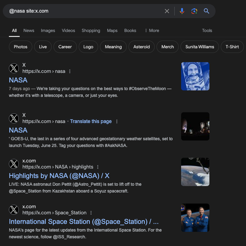 TweetDelete’s screenshot of the use of search operators on Google Search to find posts from NASA’s Twitter account. 