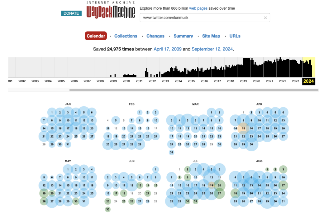 TweetDelete’s screenshot of the Internet Archive’s Wayback Machine with snapshots of Elon Musk’s Twitter account.