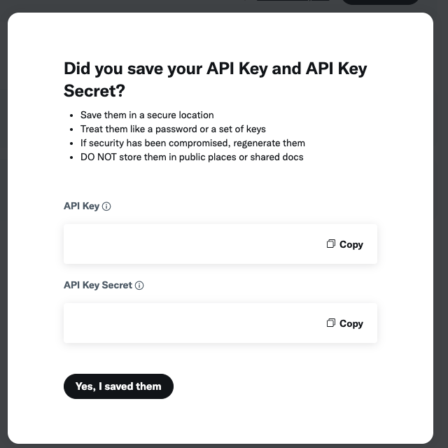 트위터 개발자 대시보드에 있는 앱의 API 키 스크린샷.