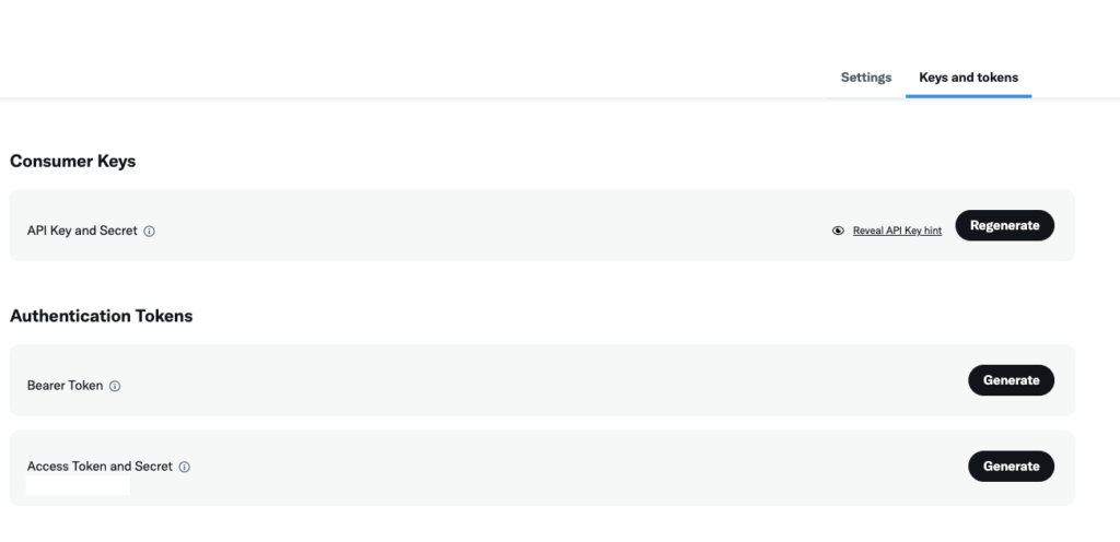 앱의 소비자 키를 다시 생성하기 위한 트위터 개발자 대시보드 스크린샷.