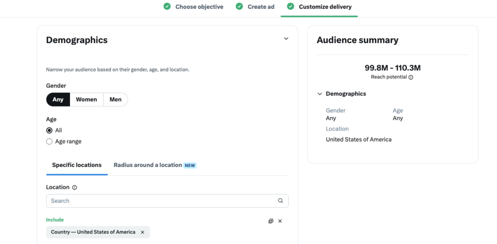 TweetDelete's screenshot van de schatter van de audience size in het Twitter Ads dashboard.