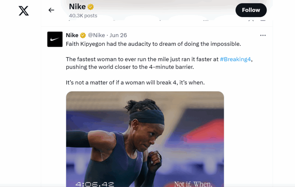 Nike, Faith Kipyegon'un 4:06.43 mil derecesini kutlayan bir tweet attı.