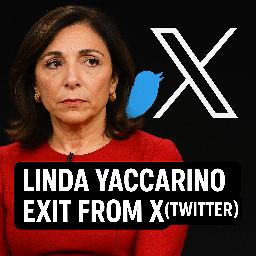 Linda Yaccarino devant les logos de X et Twitter avec un texte annonçant son départ de X.