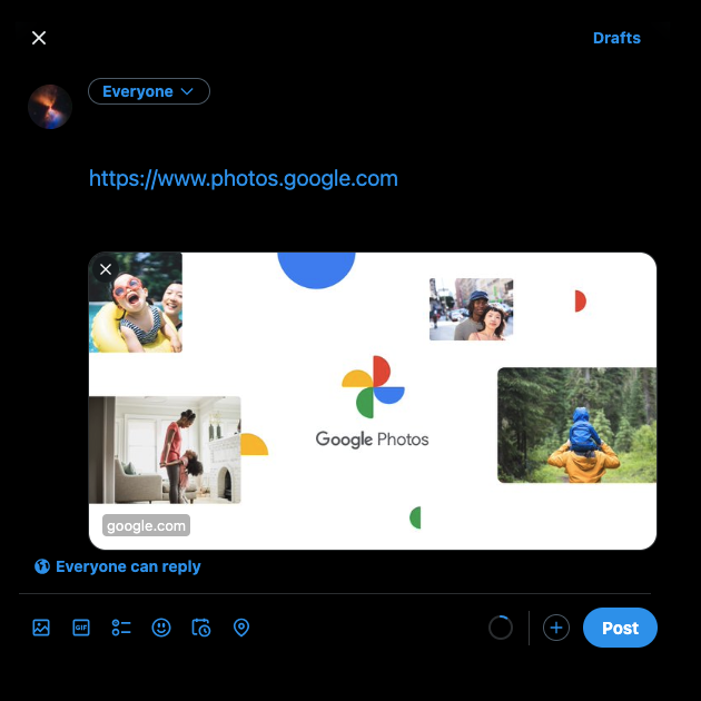 Captură de ecran de la TweetDelete cu modul în care arată un card Twitter atunci când un utilizator lipește un link.