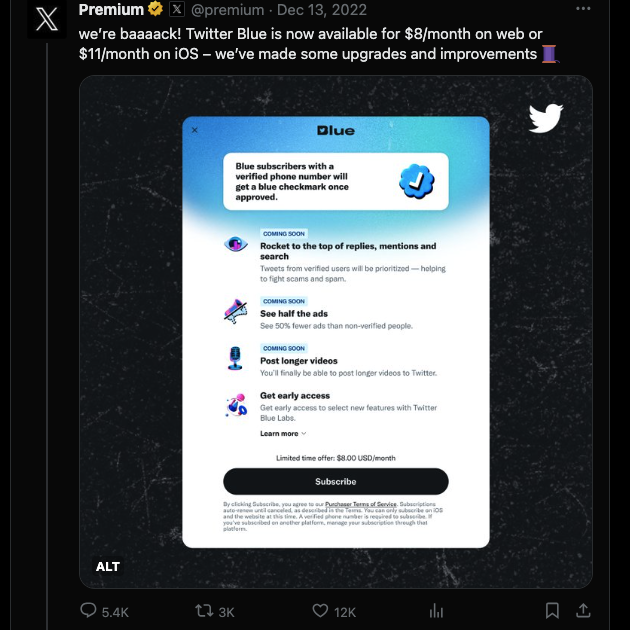 O captură de ecran capturată de TweetDelete despre X care anunță relansarea serviciului de abonament al platformei.
