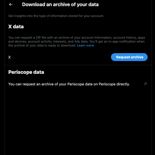 Captură de ecran de la TweetDelete din pagina de setări de pe Twitter pentru a descărca fișierul X Data.
