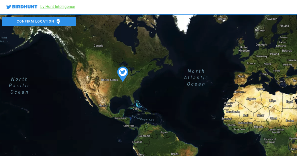 Captură de ecran a site-ului BirdHunt de pe TweetDelete pentru a găsi tweet-uri prin intermediul locației lor geografice.
