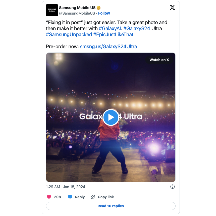 Captură de ecran a lui TweetDelete din postarea de pe Twitter a celor de la Samsung US despre cea mai recentă funcție a smartphone-ului lor.
