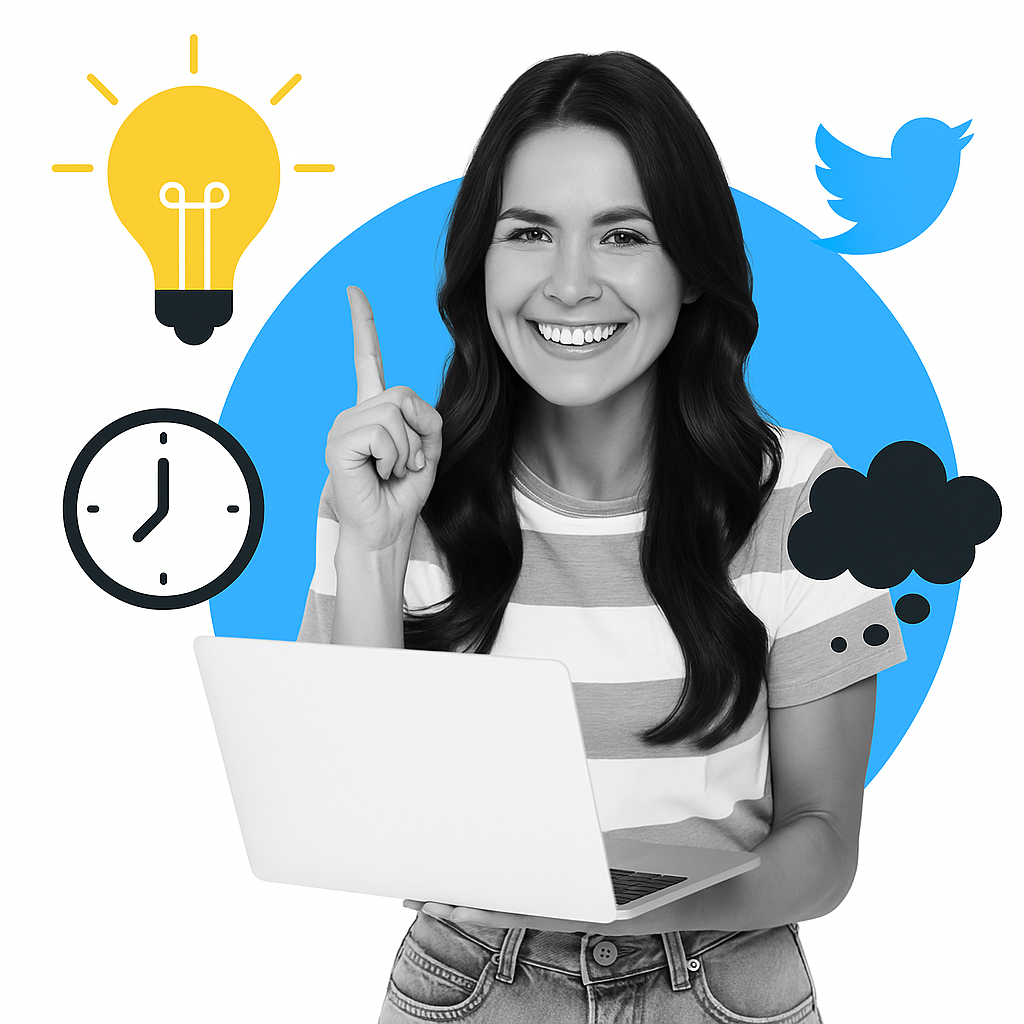 TweetDelete-Grafik einer lächelnden Frau, die einen Laptop neben einem Twitter-Vogel, einer Glühbirne, einer Uhr und einer Gedankenblase hält.
