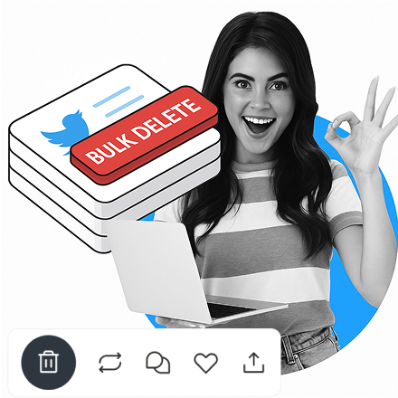 TweetDelete grafiği, elinde dizüstü bilgisayar tutan ve "Toplu Sil" Twitter dosya simgesinin yanında OK işareti yapan mutlu bir kadını gösteriyor.