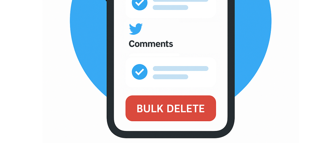 TweetDelete, seçilen Twitter yorumlarının bulunduğu bir telefon ekranının grafiği ve altta göze çarpan kırmızı bir "Toplu Sil" düğmesi.