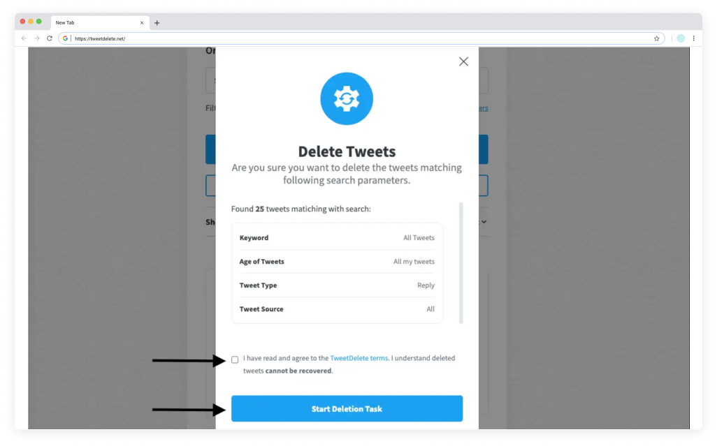 TweetDelete'in kullanıcıya yanıt silme görevini başlatmak isteyip istemediğini soran açılır penceresinin ekran görüntüsü.