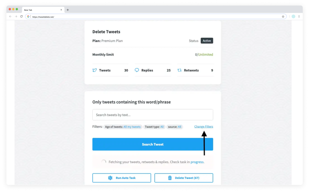 TweetDelete'in birden fazla Twitter gönderisini ve yanıtını silmek için kullandığı arayüzün ekran görüntüsü.