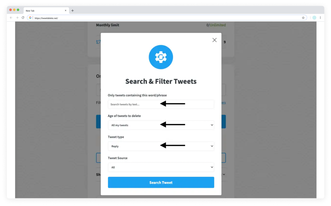 TweetDelete'in tweetleri ve yanıtları bulmak için kullandığı filtre açılır penceresinin ekran görüntüsü.