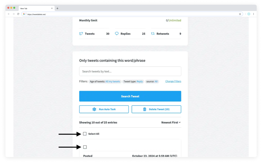 TweetDelete'in birden fazla Twitter yanıtı seçmek için kullandığı arayüzün ekran görüntüsü.