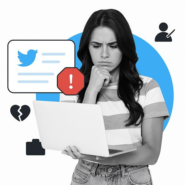 İşaretlenmiş bir Twitter gönderisinin yanında uyarı simgesi bulunan bir dizüstü bilgisayara bakan endişeli bir kadını gösteren TweetDelete grafiği.