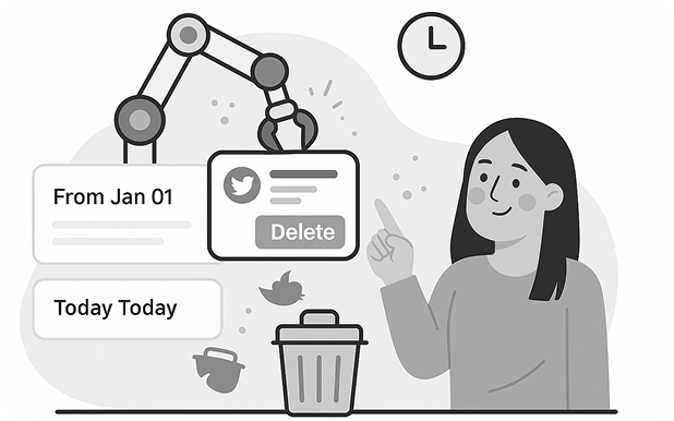 TweetDelete gráfico de um ecrã de telemóvel com comentários selecionados do Twitter e um botão vermelho proeminente "Bulk Delete" na parte inferior.