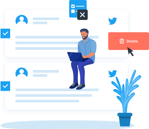 TweetDelete graphic of a man on a laptop sitting on tweets with checkmarks, a trash icon, and a red 