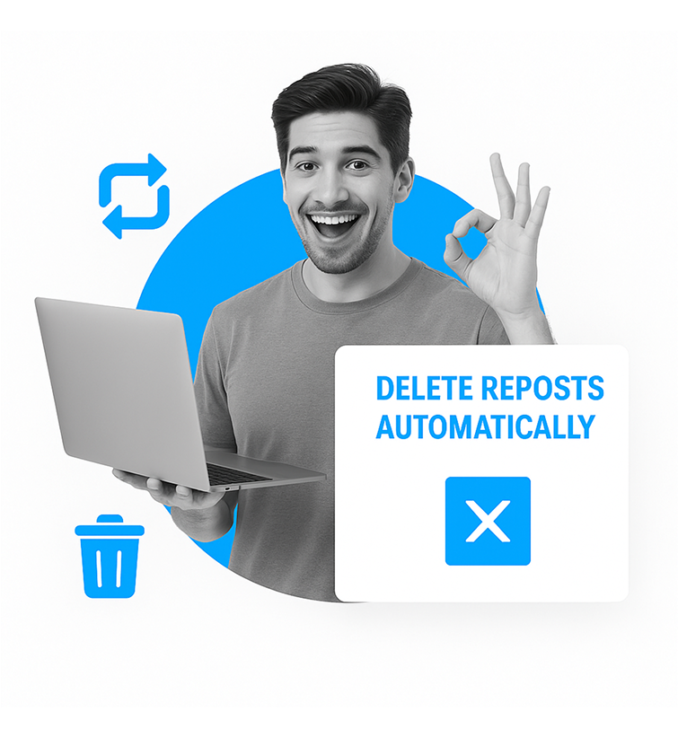 ゴミ箱とリツイートのアイコンと「Delete Reposts Automatically（リポストを自動的に削除する）」というテキストが書かれたノートパソコンを持つ笑顔の男性のTweetDeleteグラフィック。