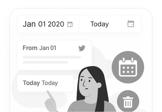 TweetDelete graphic of a person at a desk uploading files to the cloud, with icons for music, documents, and images floating.