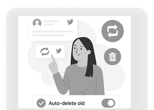 TweetDelete graphic of a person at a desk uploading files to the cloud, with icons for music, documents, and images floating.