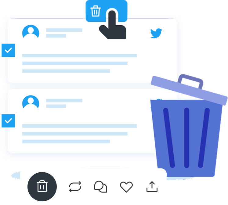Gráfico TweetDelete de tweets, a interface do utilizador do Twitter/X e um caixote do lixo que simboliza a eliminação de tweets por data.